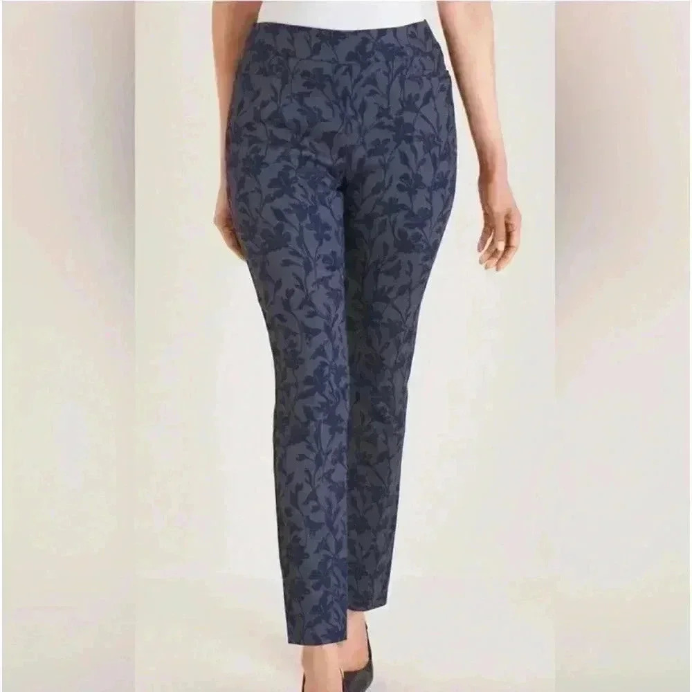 Chicos Ponte Pull On Flocked Pants Velvet Print Slimming Tapered M/L EUC - Picture 3 of 12